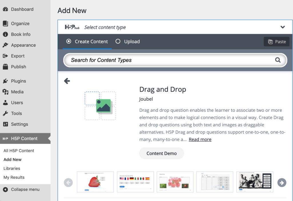 An overview of the Drag and Drop tool, with text description, a button link for Content Demo