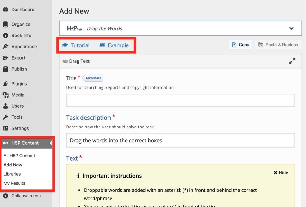 The Add New interface for H5P (for the Drag the Words tool). A box highlights the Tutorial and Example links at the top