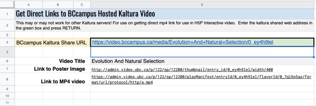 Spreadsheet view of "Get Direct Links to BCcampus Hosted Kaltura Video" the cell for BCcampus Kaltura Share URL is selected, and we can see that the web address above is entered. Below are cells with values for Video Title, Link to Poster Image, and Link to MP4 video