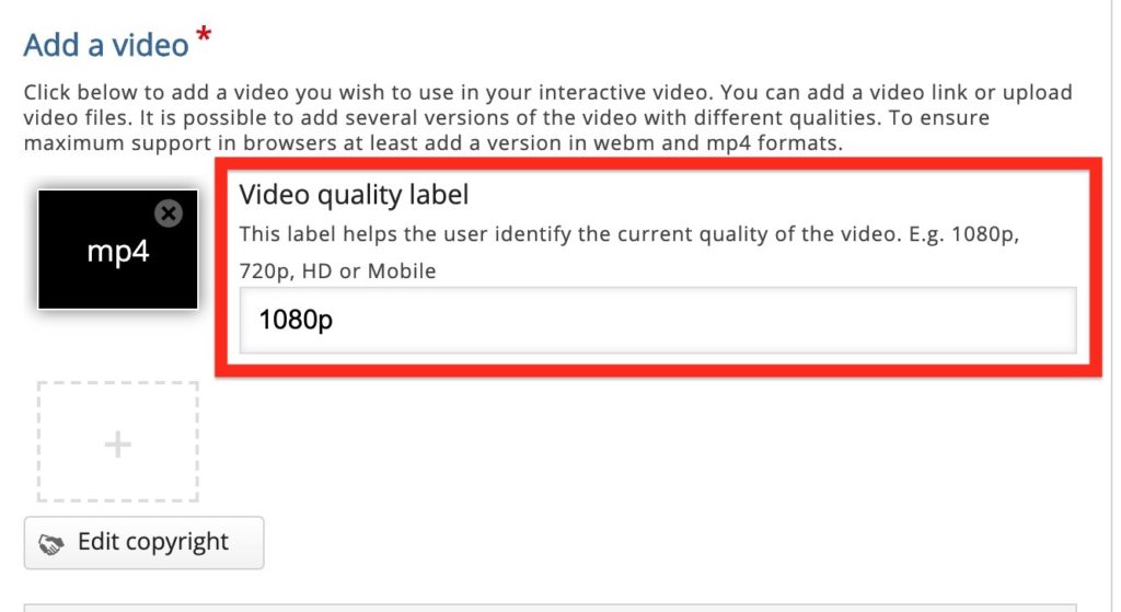 A black box appears with "mp4" label indicating the video is loaded. The Video quality label field is highlighted to show 1080p entered as the proper value.