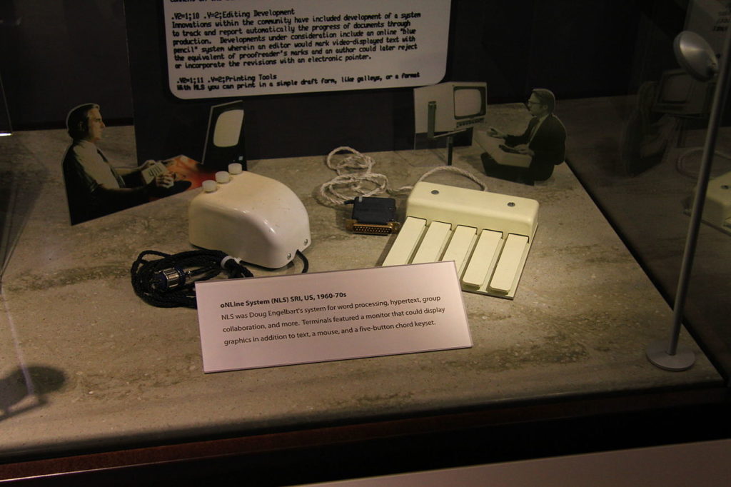 The three button mouse and chord keyboard used with the ON-Line System NLS from 1960-1970