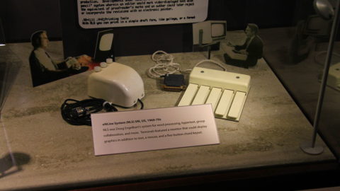 The three button mouse and chord keyboard used with the ON-Line System NLS from 1960-1970