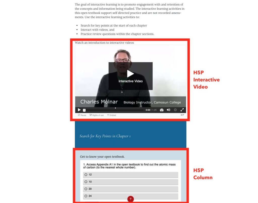 A chapter with a red box showing location of an interactive video and below it, under a Key Points heading, a second H5P content type.