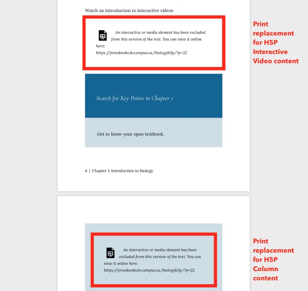The print version for the same content has both H5P elements replaced by a box that reads "An interactive or media element has been excluded from this version of the text. You can view it online
here: https://pressbooks.bccampus.ca/biologyh5p/?p=22