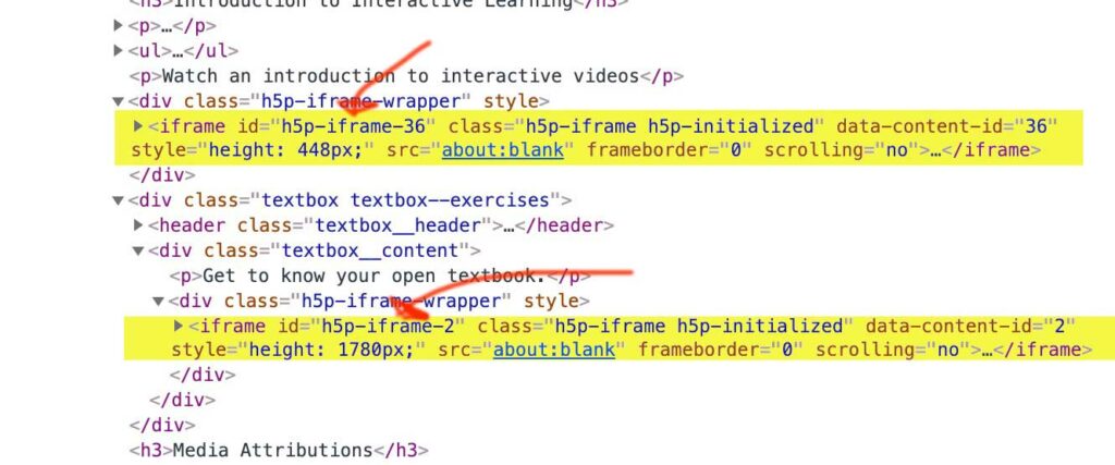 A snippet of HTML with boxes showing the iframe tags for both H5P elements, and arrows pointing to id elements that are unique- "h5p-iframe-36" and "h5p-iframe-2"