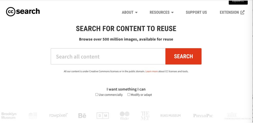 CC Search site "Search for content to reuse, browse over 500 million images, available for reuse"