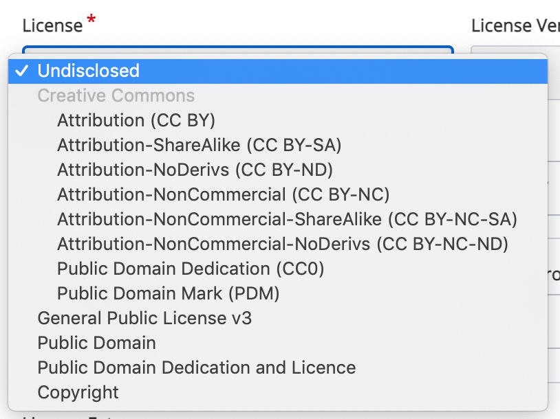 License menu from H5P listing all of the Creative Commons licenses (CC BY, CC BY-SA, etc) plus General Public License V3, Public Domain, Public Domain Declaration, and Copyright)
