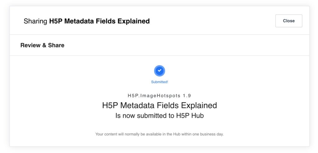 A confirmation that "H5P Metadata Fields Explained is submitted to H5P Hub" and in small print that it will be normally available in the Hub in one business day.